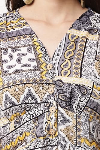 Image of JUSTHER Women's Jaipuri Ethnic Motif Print Fit and Flare Dress | V-Neck A-Line Midi Frock