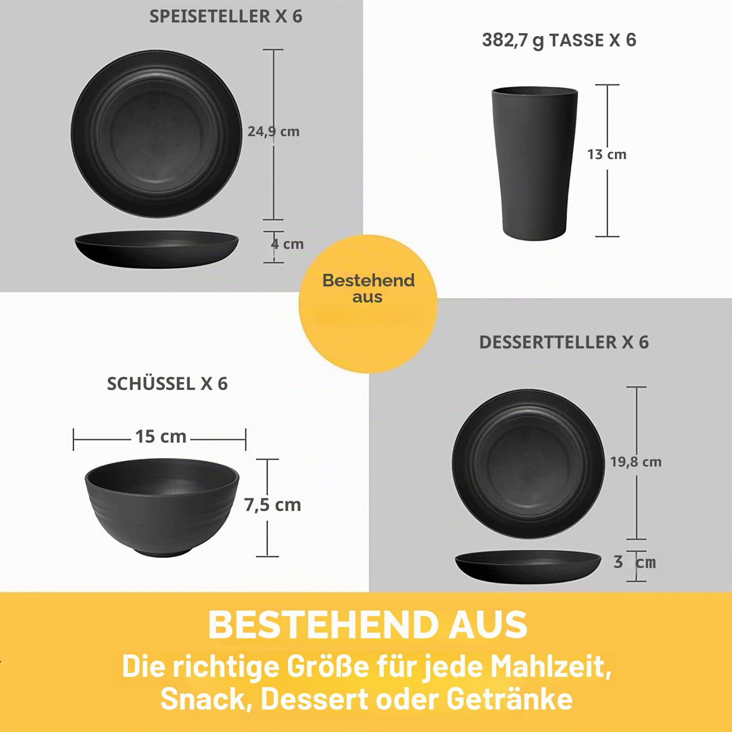 Teivio 24-teiliges Küchen-Dinner-Set aus Kunststoff, Service für 6, Essteller, Dessertteller, Müslischalen, Becher, Set aus unzerbrechlichen Plastiktellern und -schalen, Geschirr für Outdoor-Camping