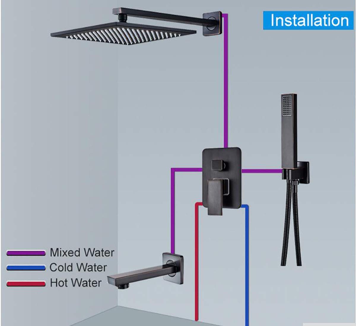 Rubinetti per Doccia a Scomparsa Neri Set 12 "Soffione Doccia a Pioggia in Ottone Miscelatore monocomando Doccia per Bagno
