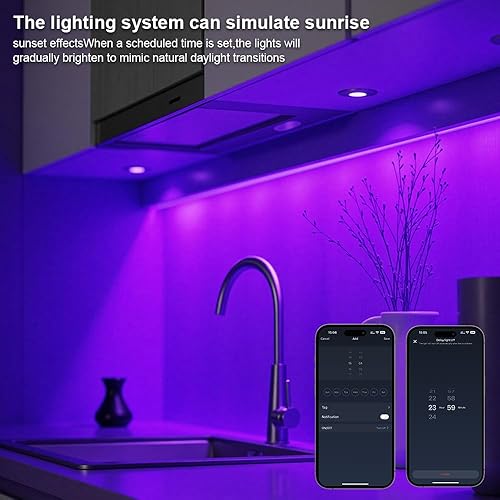 Miniatura 7 de Paquete de 6 luces inteligentes para debajo del gabinete, tira LED WiFi RGB con Alexa y Google Assistant, aplicación y control remoto, regulable,