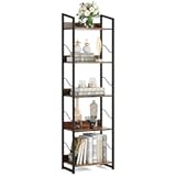 Hosfais Book Shelf Small Bookshelf: 5 Tier Wood Bookcase Industrial Bookshelf with Edge Protection Metal Narrow Bookcase Storage Organizer Display Rack for Bedroom Home Office, Vintage Brown