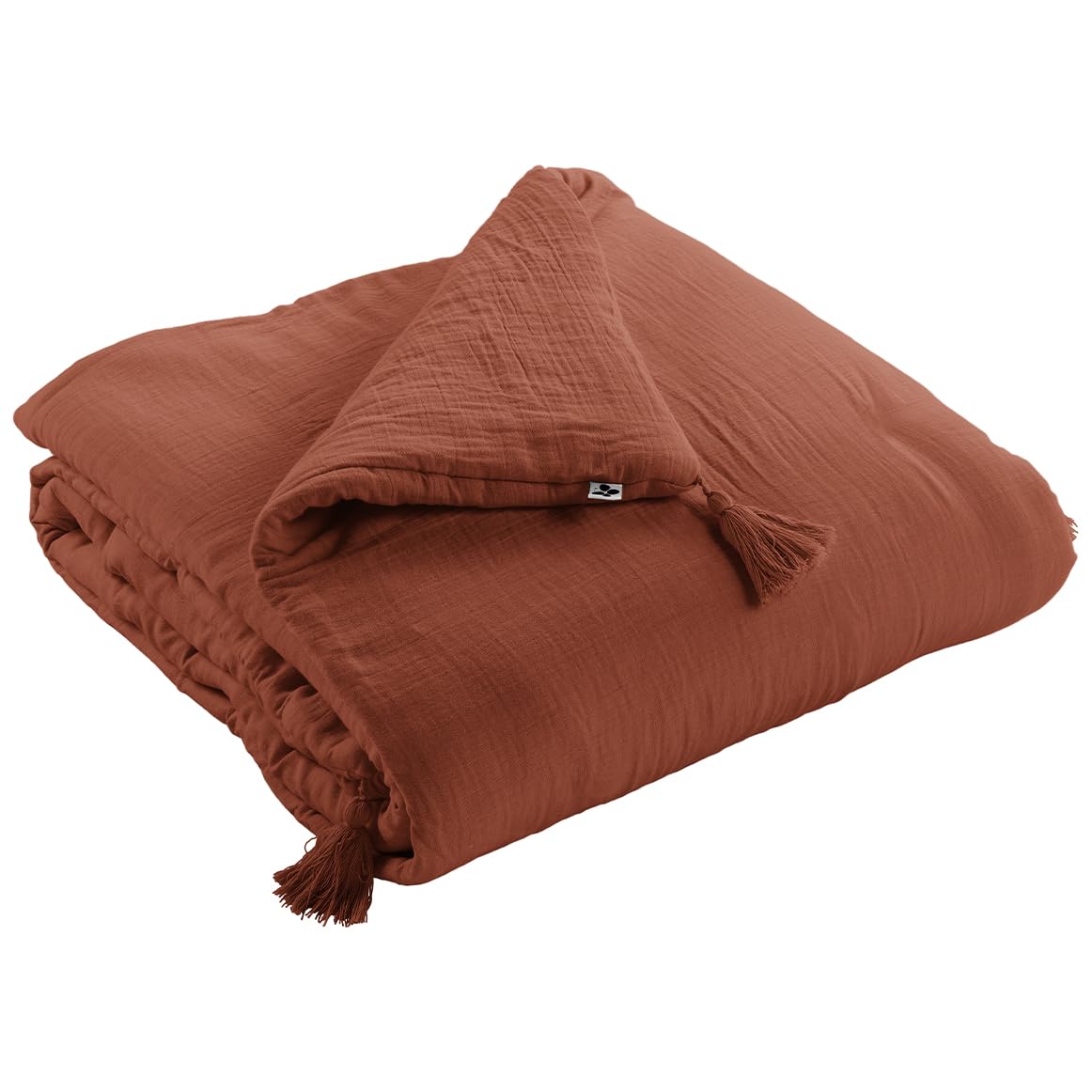 Meubletmoi Édredon 90 x 200 cm Gaze de Coton Terracotta et Polyester avec Capitonnage Léger et 4 Pompons - Linge de Lit - Pepa