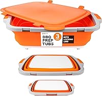 DripEZ Collapsible BBQ Prep Tubs 3-Piece Set: JR, OG, XL Sizes with Cutting Board & Lid - Orange for Mess-Free Marinating & Storage