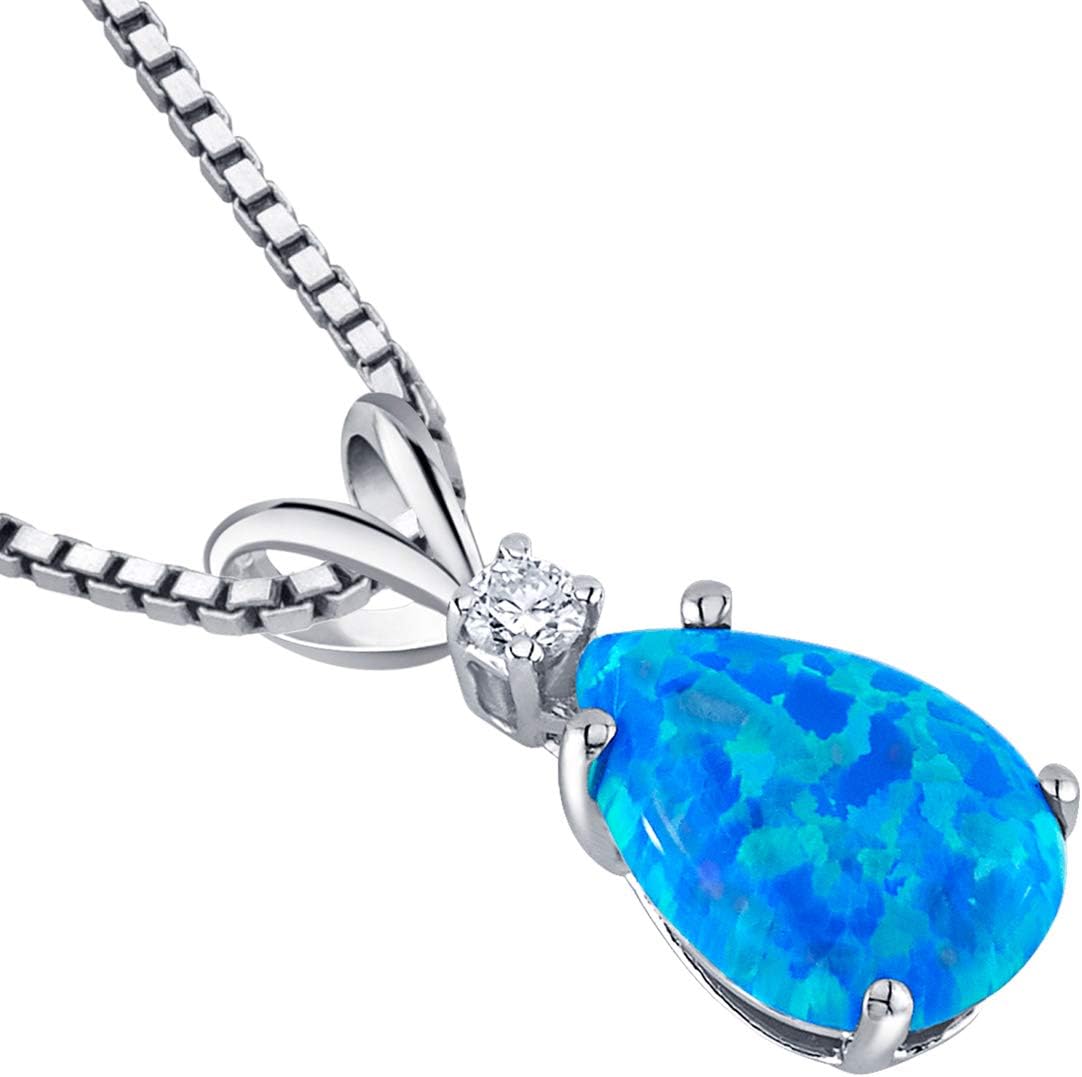 PEORA 14K White Gold Created Blue Opal with Genuine Diamond Pendant, Elegant Teardrop Solitaire, Pear Shape, 10x7mm, 1 Carat total, October Birthstone Necklace, Fire Opal Necklace, w/Jewelry Box