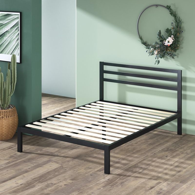 Image of Metal Bed Frame (or Minimalist Platform Bed with Slatted Headboard) Matte Black Metal Frame with Horizontal Slatted Headboard
