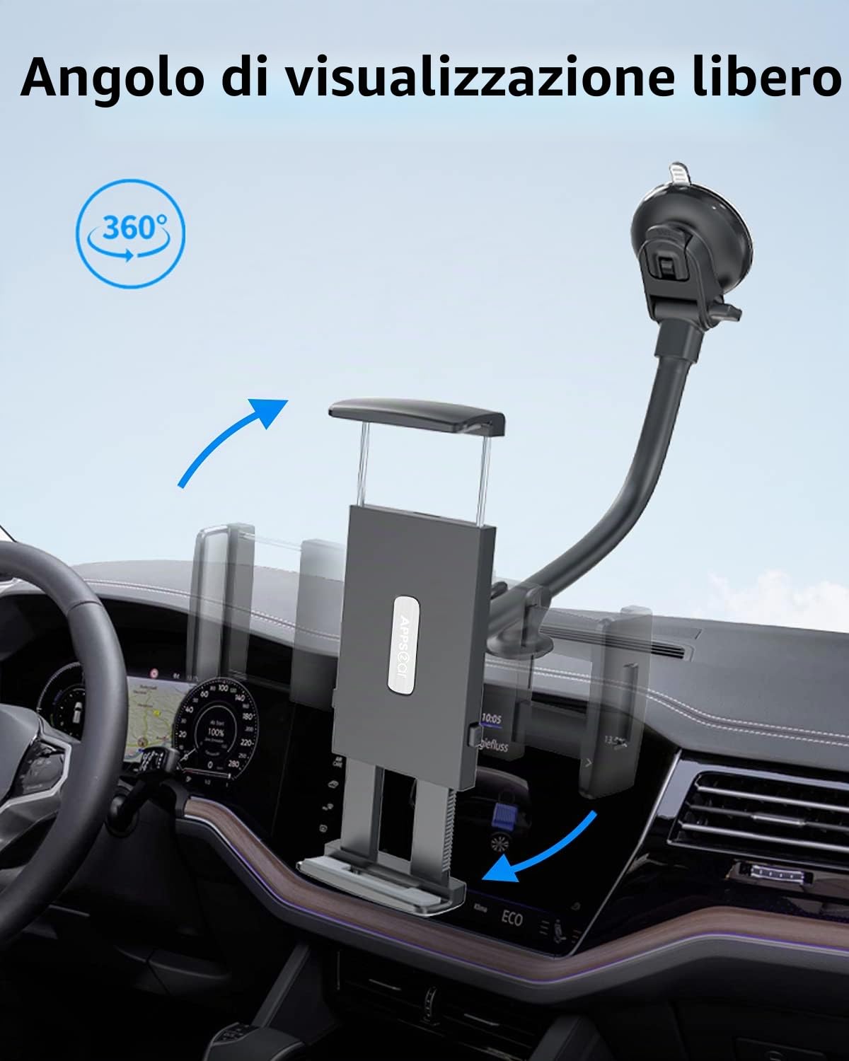 APPS2Car Supporto per parabrezza tablet 35,6 cm braccio lungo anti-vibrazione regolabile 360° 4-11 cali ventosa forte cruscotto camion furgoni