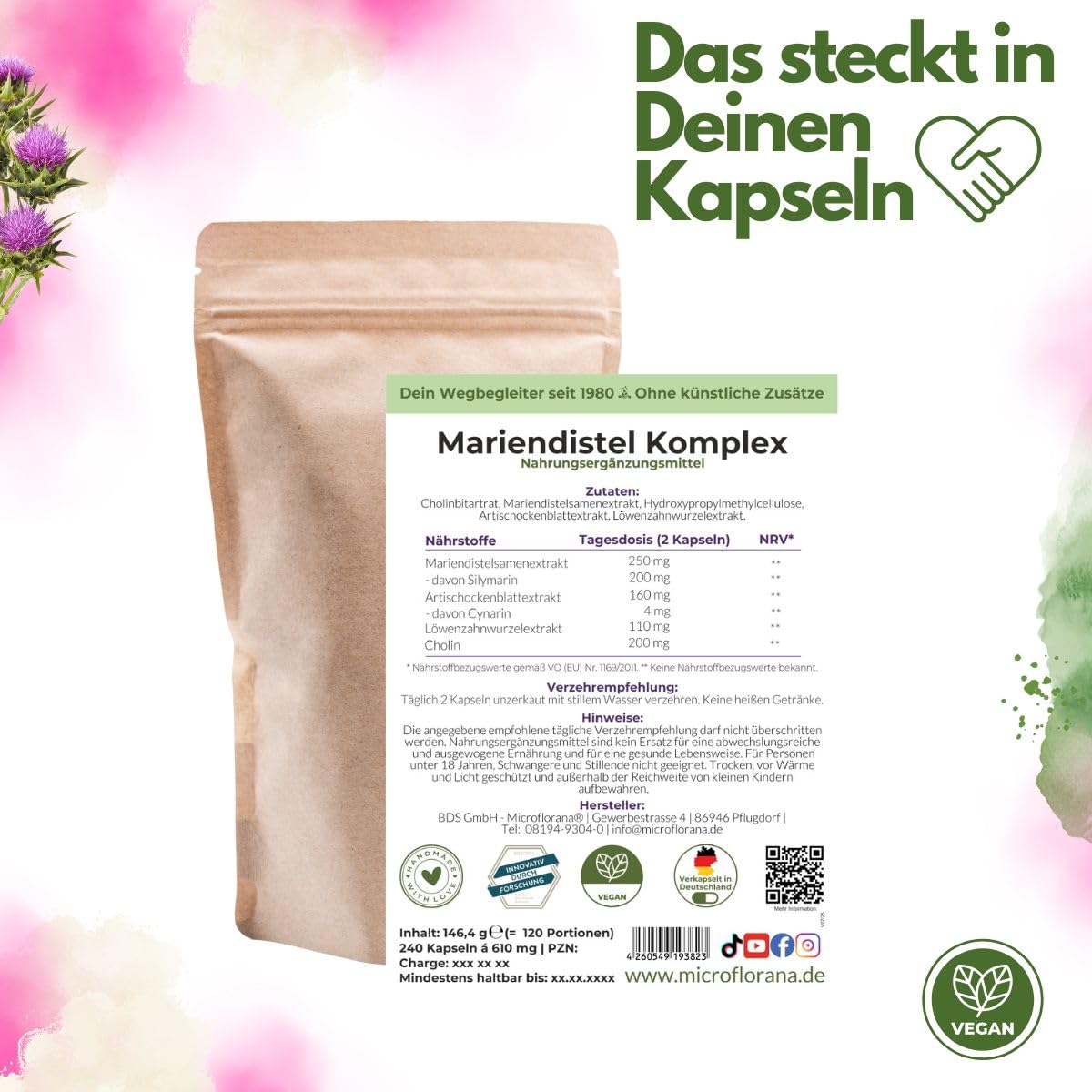 Mariendistel Kapseln hochdosiert - 240 vegane Kapseln zur Leberunterstützung - Frei von Zusätzen - Leber Komplex mit Artischockenextrakt, Löwenzahnwurzel und Cholin - Silymarin & Cynarin