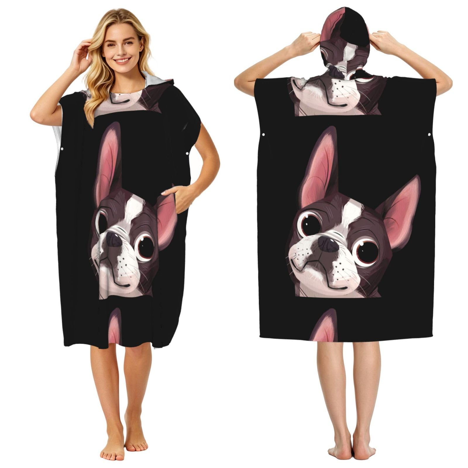 Poadnly Boston Terrier Nature, Adult Hooded Beach Towel 90 x 110 cm,Changing Bath Robe, Surf Poncho Towel For Women Men