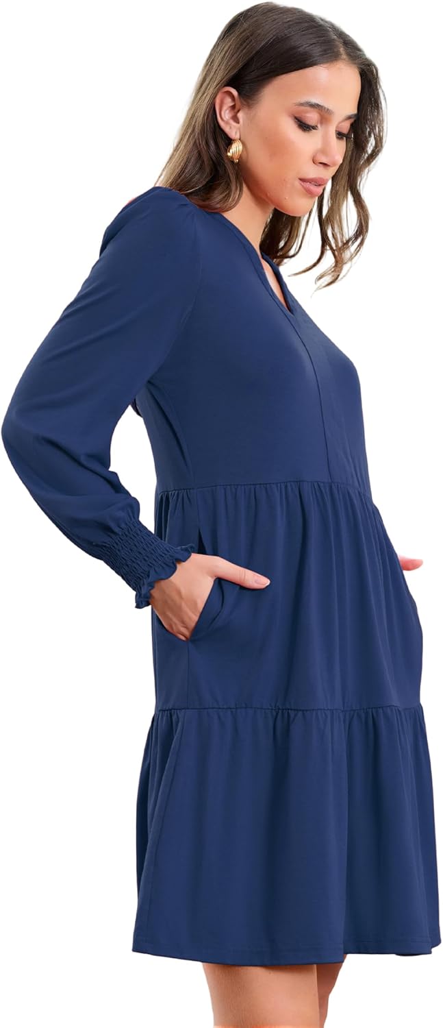 Spring Dresses for Women 2026 Casual V Neck Long Sleeve A Line Midi Dress Ruffle Flowy with Pockets - Image 5