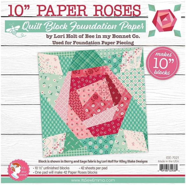 Riley Blake It’s Sew Emma 10" Paper Roses Quilt Block Foundation Paper | Lori Holt Bee in My Bonnet | Berry & Sage Collection | 42 Sheets Sew-On-Line FPP Pad for Precise Quilting Blocks