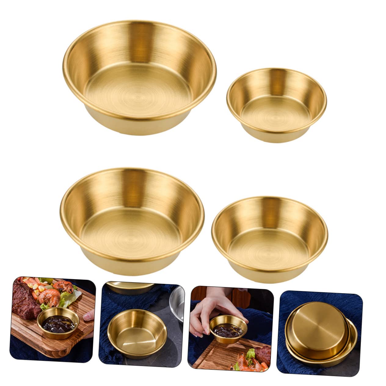 GRIRIW 4pcs Seasoning Dish Condiment Plates Sauce Dipping Dish Sauce Containers Small Serving Dish Household Sauce Plates Dishes Sushi Sauce Bowls Sauce Dish Stainless Steel Golden
