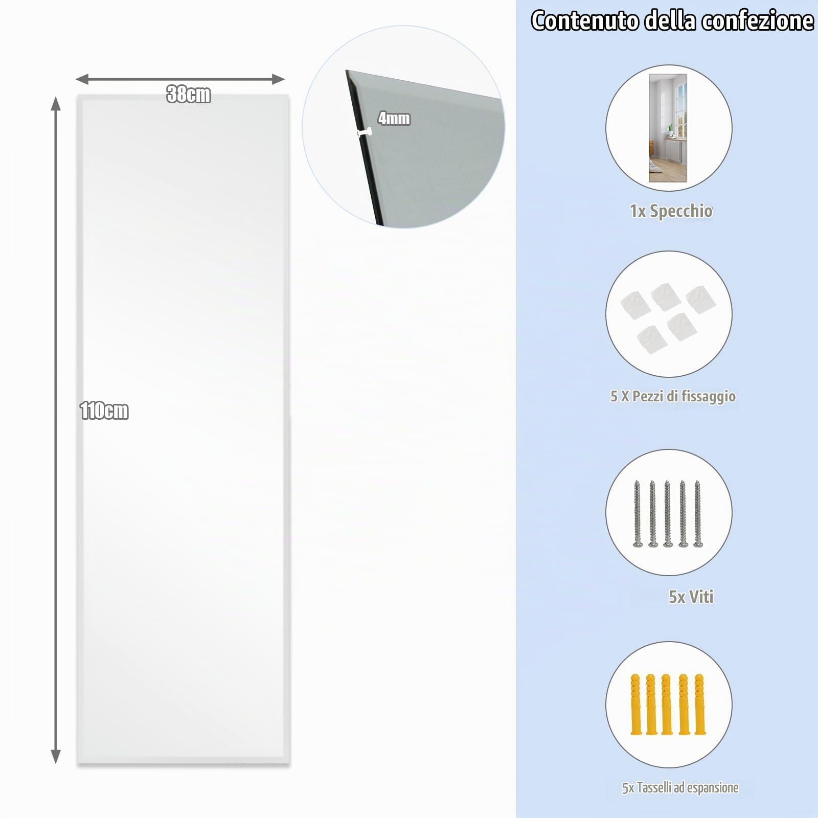 HOMASIS Specchio da Parete Moderno, Specchio a Figura Intera 110 x 38 cm, Senza Cornice, Specchio Rettangolare, Specchio da Parete Lungo per Camera da Letto, Soggiorno, Ingresso