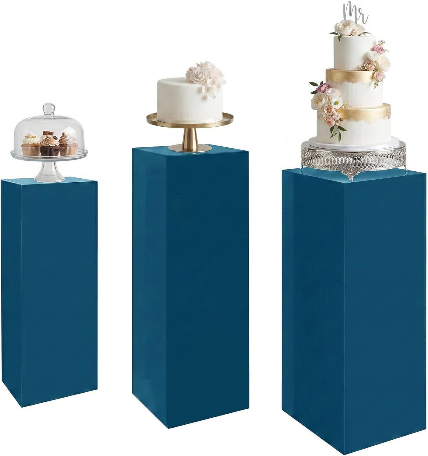 SwallowLiving 3PCS Metal Black Display Pedestal Stand for Parties, Square Tall Pedestal Cake Stands Pillars for Wedding, Sculpture Display Stand Column Decoration