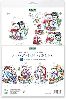 Katy Sue Snowmen Scenes Die Cut Decoupage Pack. 12 Pre-Cut Decoupage Paper Sheets for Christmas Card Making Supplies Featuring Images of Snowmen, Card Toppers, & Sentiments