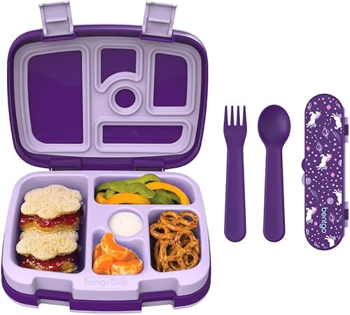 Bentgo® Kids Prints - Lonchera infantil de 5 compartimentos estilo Bento, con utensilios de plástico reutilizables (unicornio)