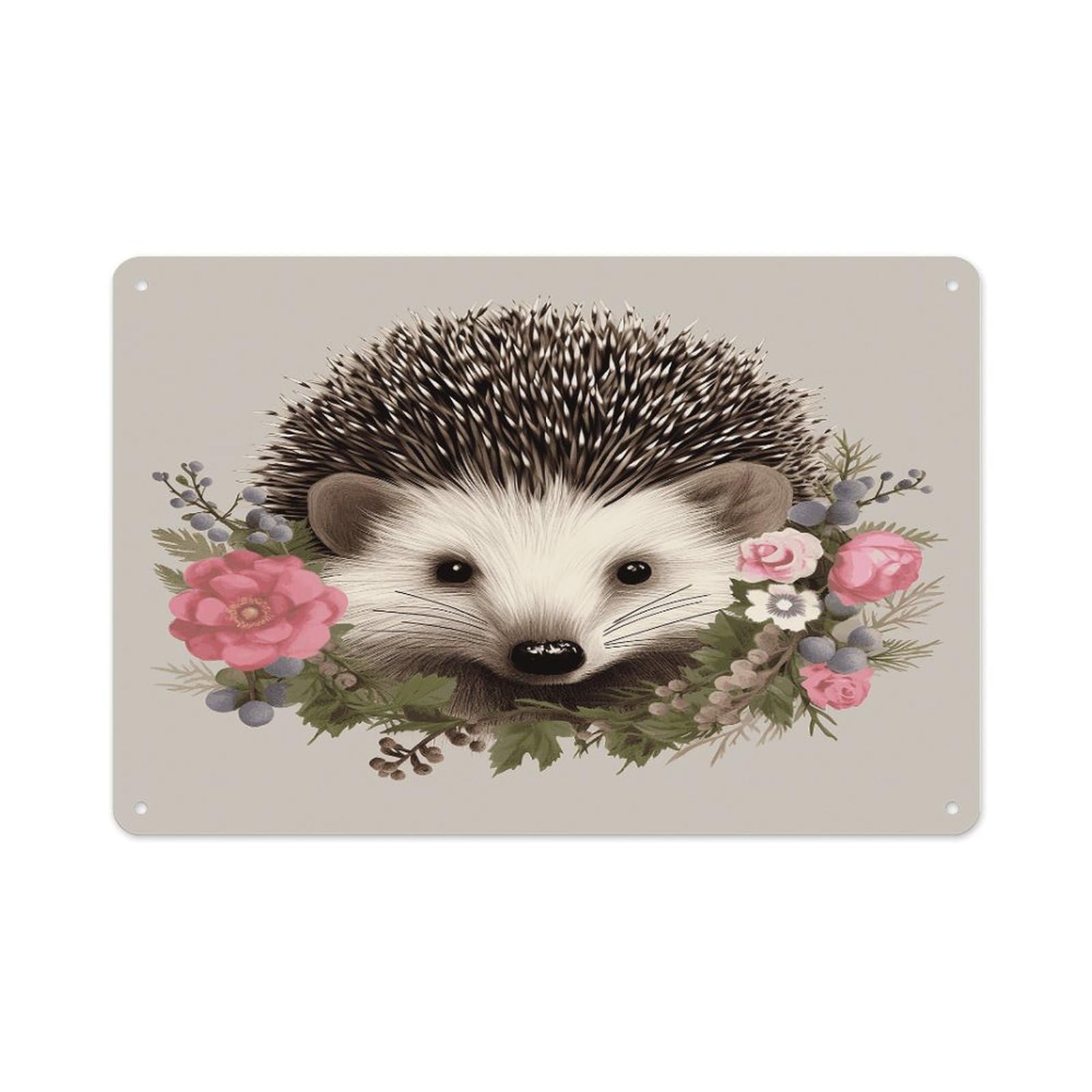 Btcowzrv Style Hedgehog In Floral Wreath Metal Sign 7.9 X 11.8 Inch, Aluminum Sign Wall Art Decor Easy To Install, Decorative Plaque For Home Bar Kitchen Pub Shop Garage