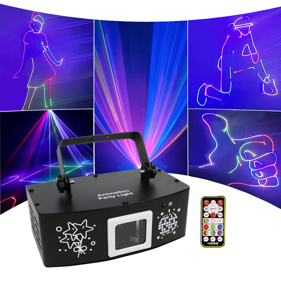 Walmio DJ Laser Party Light Professional 3D Animation RGB Laser Show Projector, DMX512 Music Sound Activated Stage Light with Remote Control for Indoor Club Disco Home Birthday Events