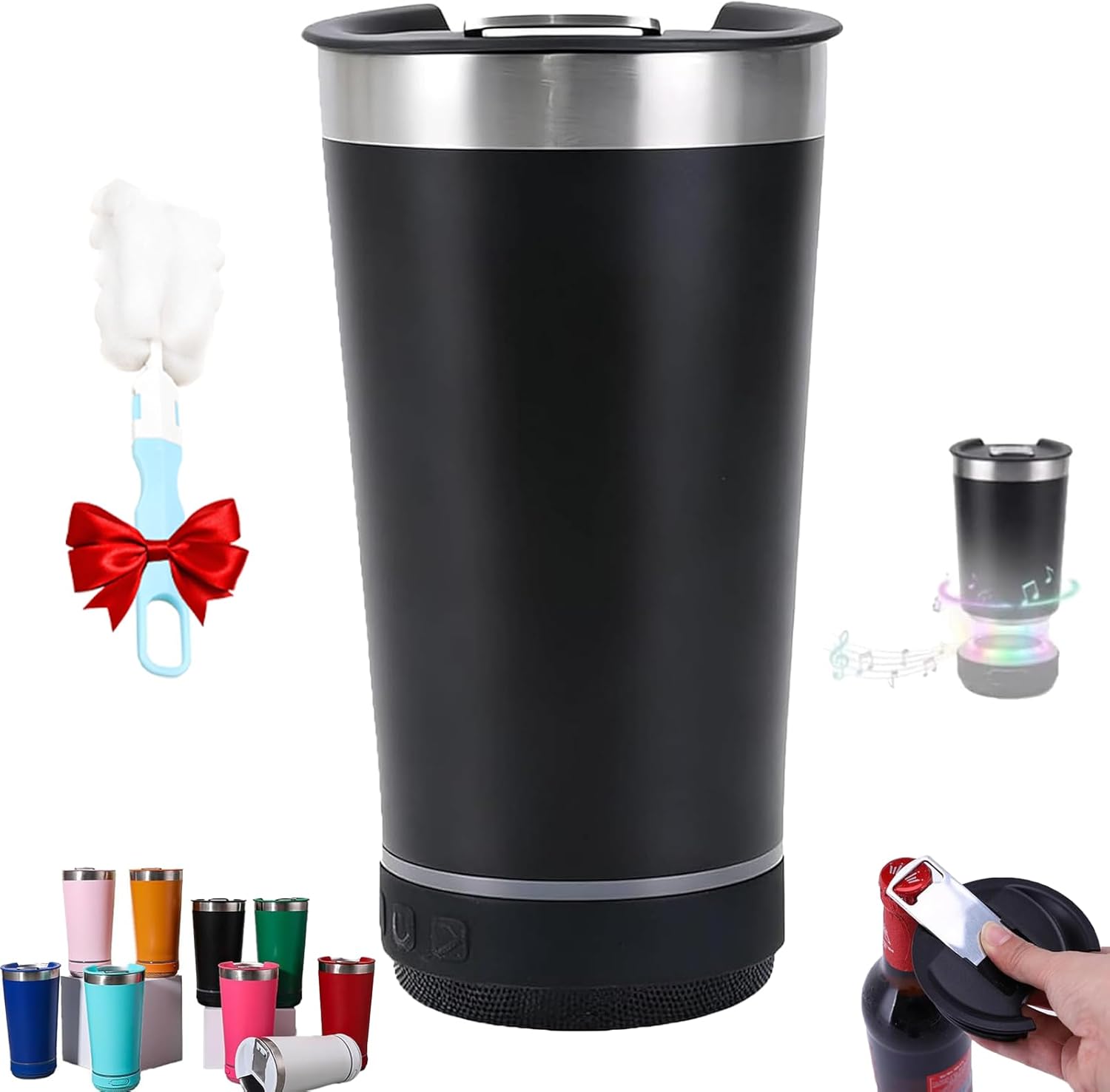 2-in-1 Bluetooth Audio Beer Mug with Bottle Opener, Stainless Steel Tumbler with Removable Wireless Speaker with LED Lights & Magnetic Lid for Party, Camping, Outdoor (Black)