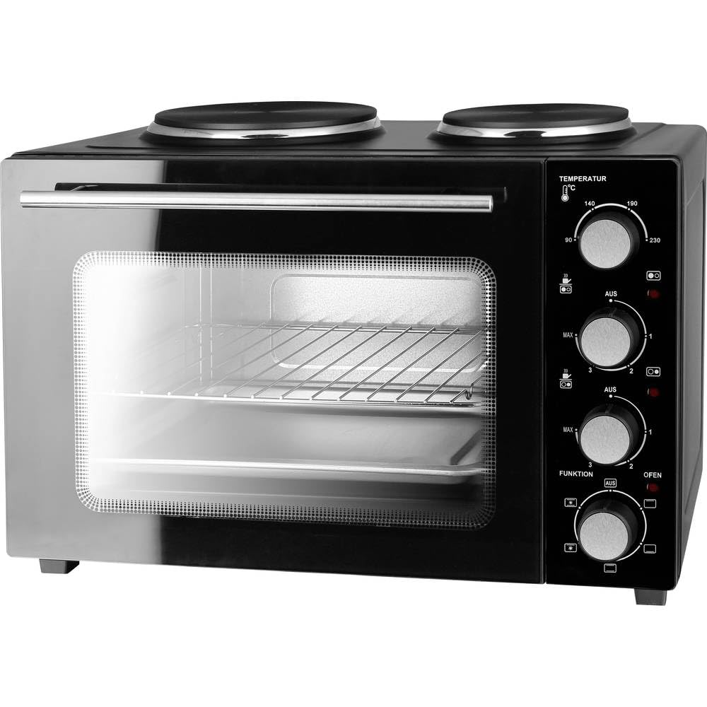 EMERIO MO-125236.4 Four de 32 litres + 2 plaques de cuisson | Chaleur tournante + chaleur de voûte et de sole | Minuterie + régulateur de température | Plaque de cuisson et grille de cuisson | Four de