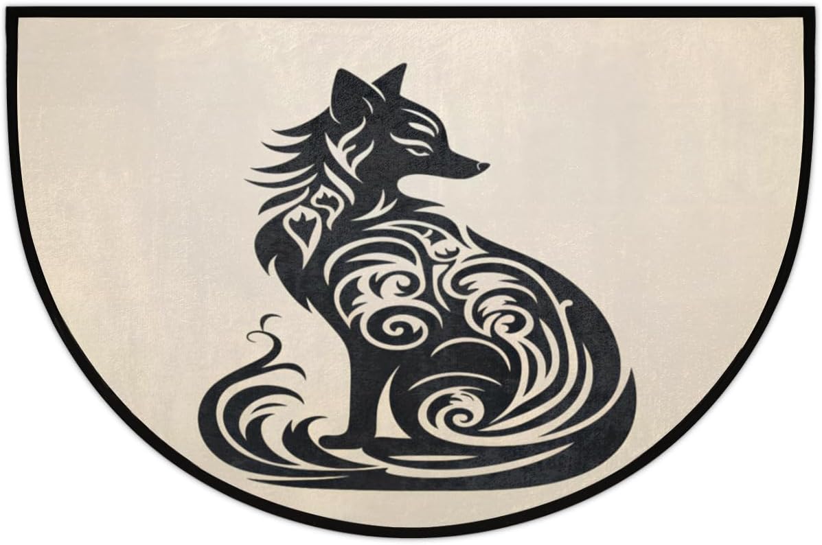 Abstract Animal Fox Half Round Door Mat, Non-Slip Entrance Welcome Mat for Indoor Semi Circle Bathroom Floor Rugs Outdoor Mats House Entry Way Heavy Duty Doormat for Kitchen Living Room 36x24 Inch