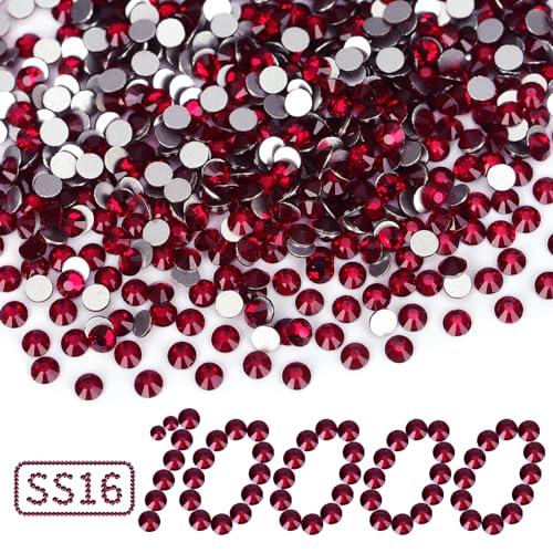 Image of 10000PCS Dark Red Rhinestones Bulk, Flat Back Crystal Glass Stone Round Gems,SS16, 3.8-4.0mm