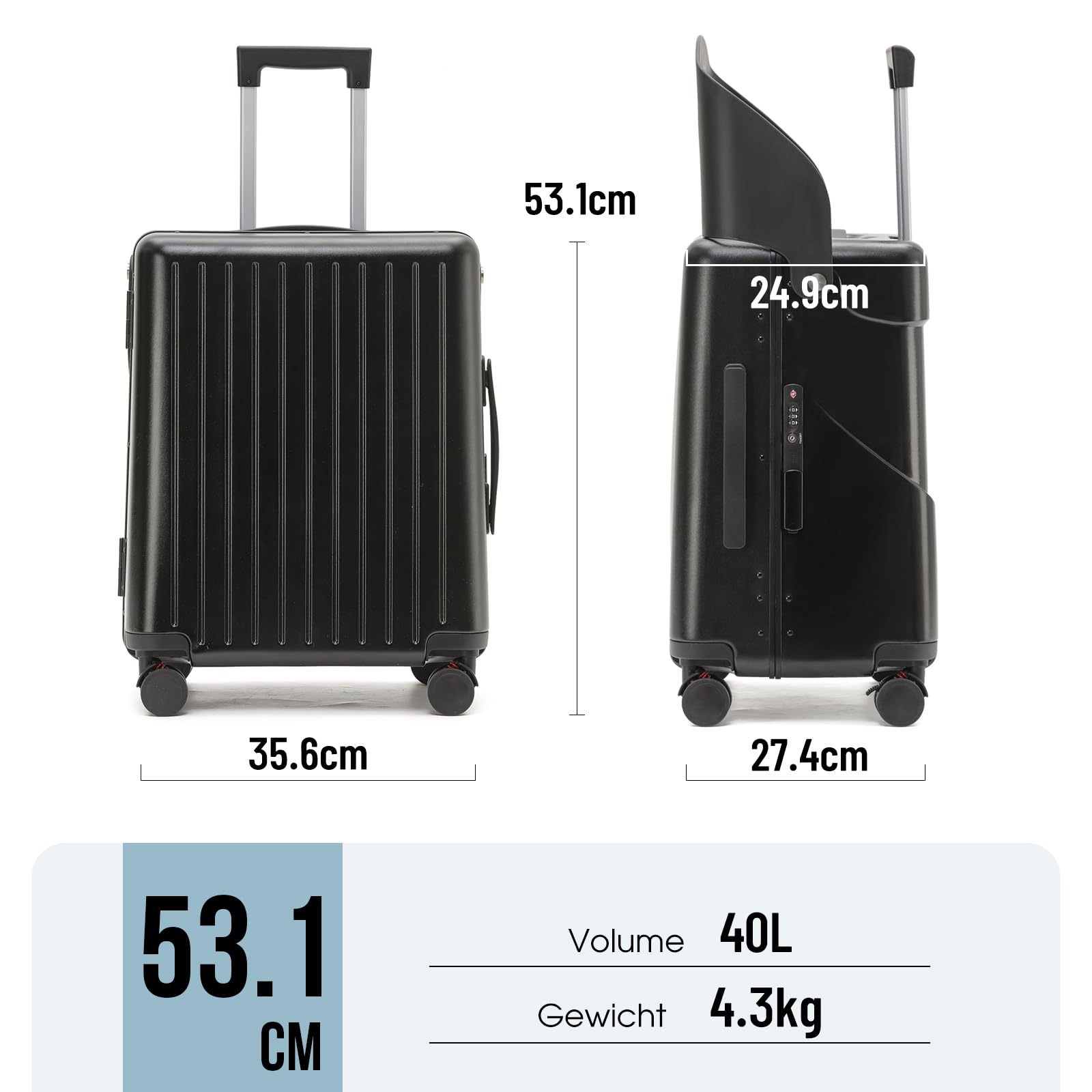 Kinderkoffer mit Sitzfunktion, 20-Zoll Kinderkoffer mit verriegelbaren 4-Spinner-Rädern, 53x35x28cm Schwarzer Hartschalen-Reisekoffer