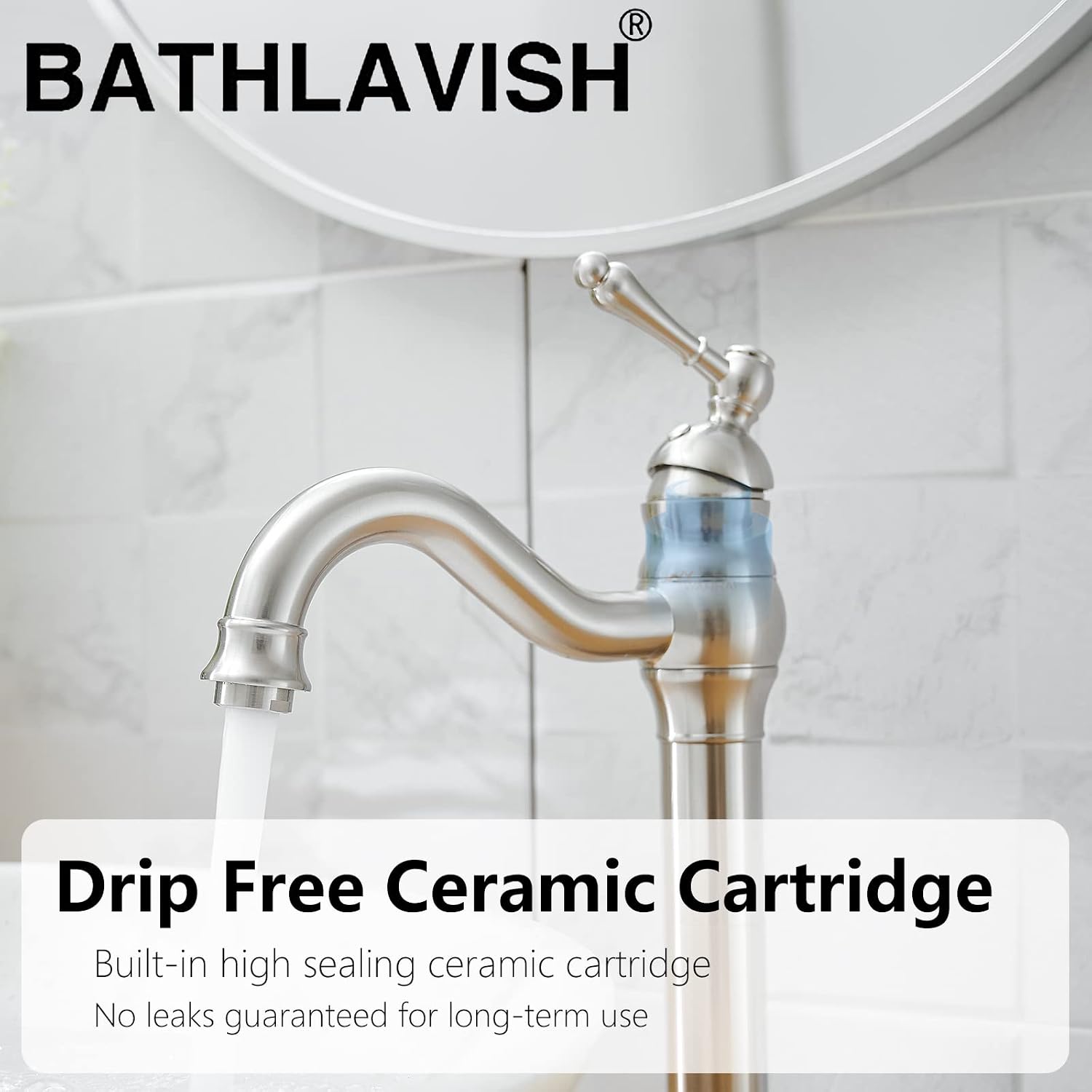 Brushed Nickel Vessel Sink Faucet 360° Swivel for Bathroom Single Hole Farmhouse Tall Commercial Vanity Matching Pop Up Drain Without Overflow