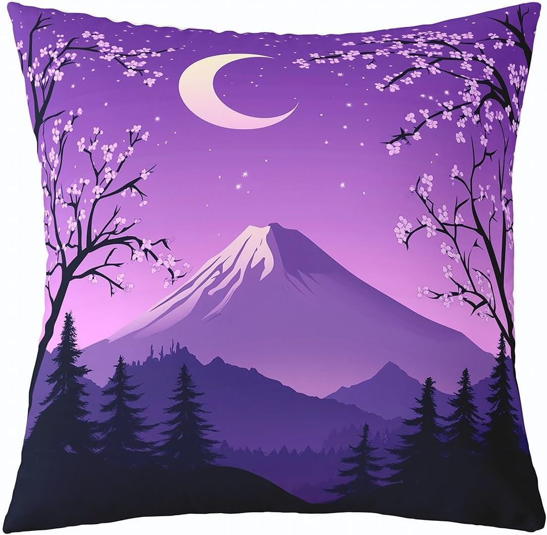 jejeloiu Japanese Purple Throw Pillow Cover 18"x18" 1 Pcs Kids Mount Fuji Cushion Case Cherry Blossom Decor Pillowcase,Polyester