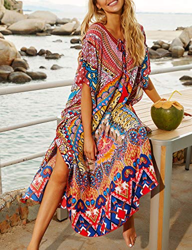 Eddoyee Loose V Neck Print Turkish Kaftan Maxi Dresses For Women Half Sleeve Beach Swimsuit Cover Up #TOP2