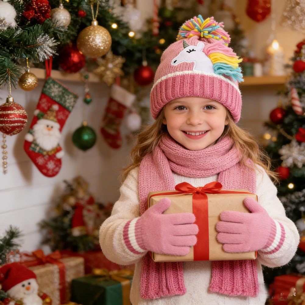 Conjunto de gorro de invierno para niños, bufanda y guantes, gorro de punto cálido con patrón de unicornio y calentador de cuello para niños de 3 a 6 años, paquete de accesorios de invierno