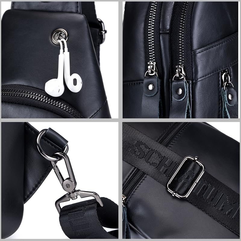Image of Genuine Leather Crossbody Bag for Men Casual Sling Chest Bag Men Sling Bags Man Bag Crossbody, Black