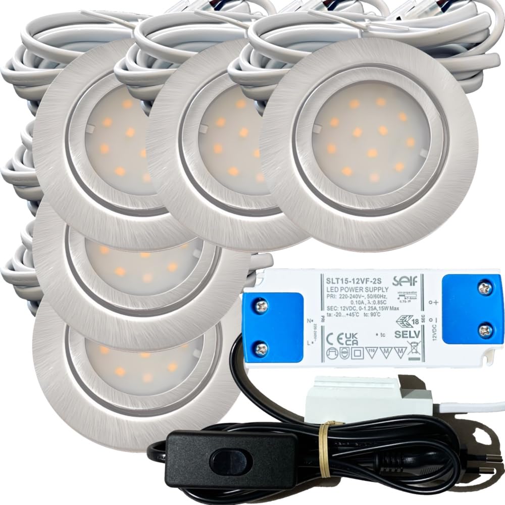 5er Set IP44 LED Einbauspots 12V, flach (22mm), 2,4W, 200lm, Edelstahl-Optik, mit Trafo, Verteiler, 230V-Kabel, Schnurschalter, Weiß (4000K), Ø=72mm, Loch 54-60mm. Ideal für Bad, Küche, Möbel usw.