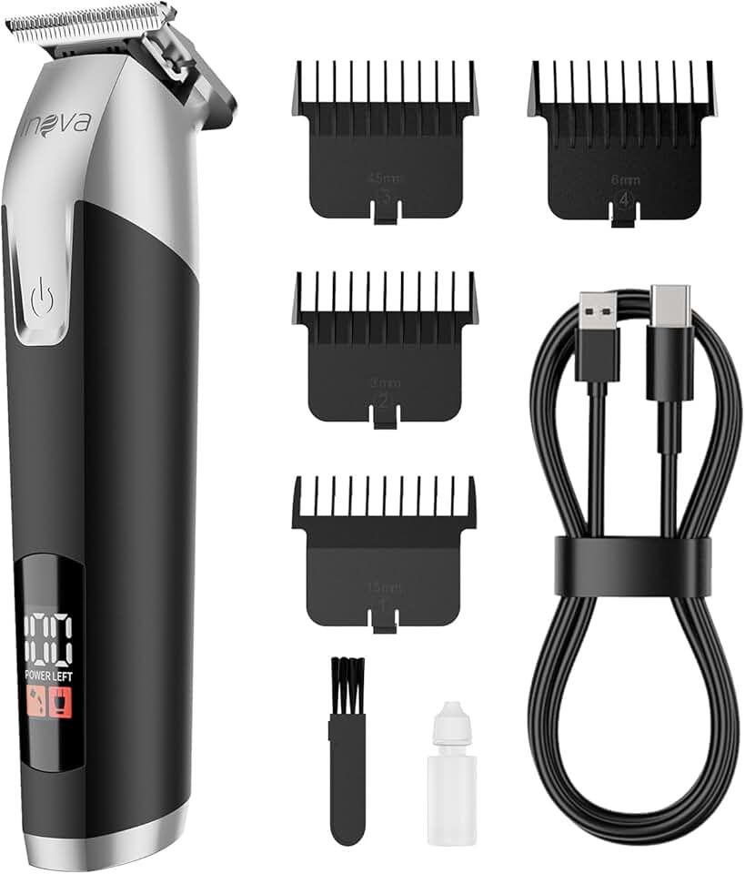 Inova 5W Máquina de Cortar Cabelo Elétrica LFJ-13149, 1200mah Acabamento Multiuso Usb Barba Cabelo Bigode Bateria com duração de 2.5 horas com Visor LED e 4 Pentes Limitadores (Preto)