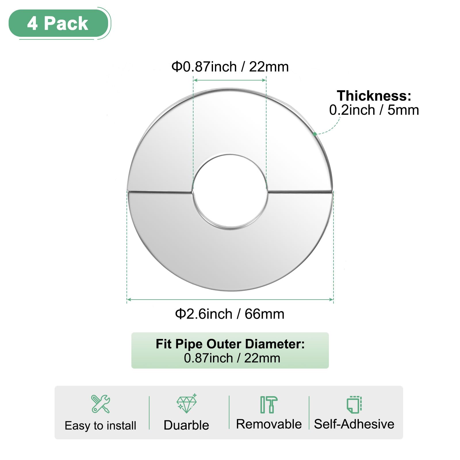 M METERXITY 4-Pack Flangia Divisa Da Parete, Per Tubo Con Diametro Esterno 0.9 Pollici/22mm 304 Acciaio Inossidabile Piastra Di Copertura Rotonda Autoadesiva Per Tubi Dell'Acqua/Rubinetto