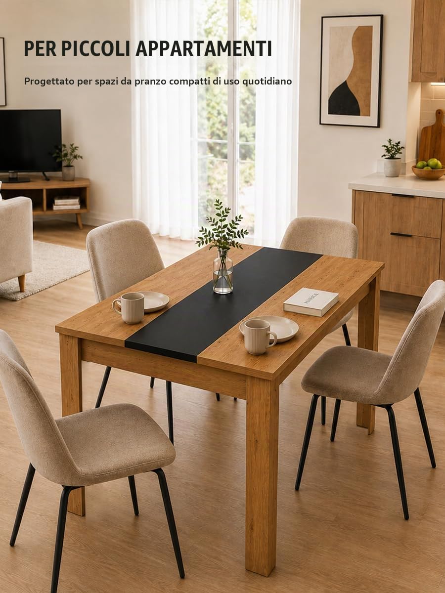 Tavolo da Pranzo Rovere Rettangolare Tavolo Cucina 110×70×75cm | Fascia centrale nera e gambe a forma di L con bordo spesso per uno stile industriale e una struttura stabile ogni giorno