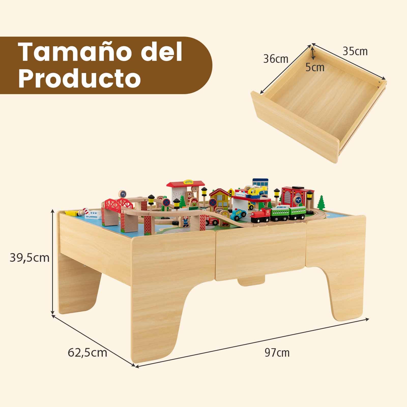 COSTWAY Mesa de Juegos de Tren de Madera, 84 Piezas, Cajón de Almacenamiento, Circuito de Tren de Madera Maciza para Niños y Niñas 3+ Años, 97 x 62,5 x 39,5 cm, Natural (84 Piezas)