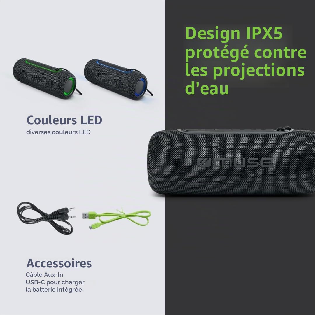 Muse M-70BTB. Haut-Parleur Bluetooth avec lumières de Couleur, Prend en Charge Les sapilchures d'eau. Puissance de Sortie 20 W