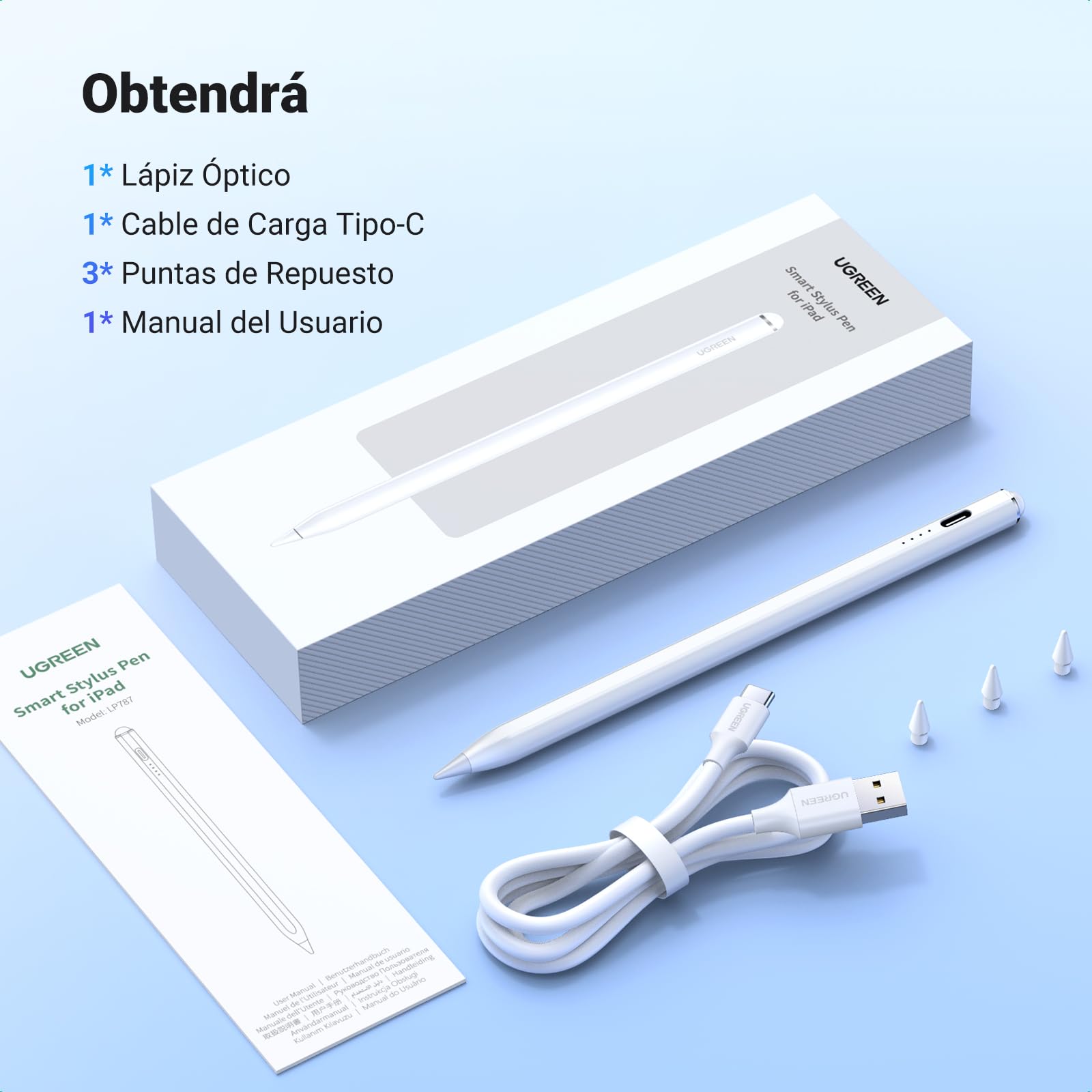 UGREEN Lápiz Magnético para iPad con 3 Puntas de Repuesto, Rechazo de Palma y Pencil Sensible a La Inclinación Compatible con Pro 12.9/11" 2018-2022/ Air 4/5/10/ Mini 6