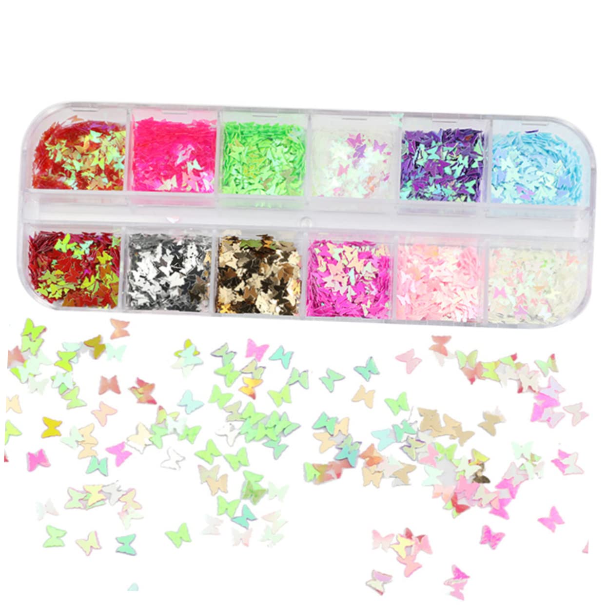 IWOWHERO Set of 2 Butterfly Powder Makeup Kits 12 Colorful Nail Sequins Glitter Stickers for Manicure for Wedding Birthday Events