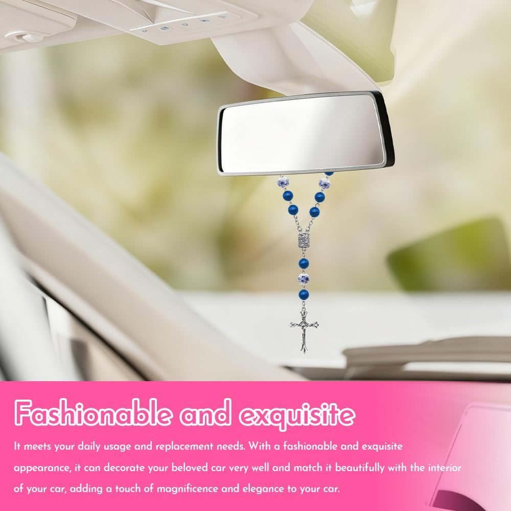 2PCS Car Rosary for Rearview Mirror, Rearview Mirror Hanging Accessories, Religious Cross Medal Blessing Beads Hanging Ornament, Auto Personalized Protection Charm for Women Men (Ceramic Blue)