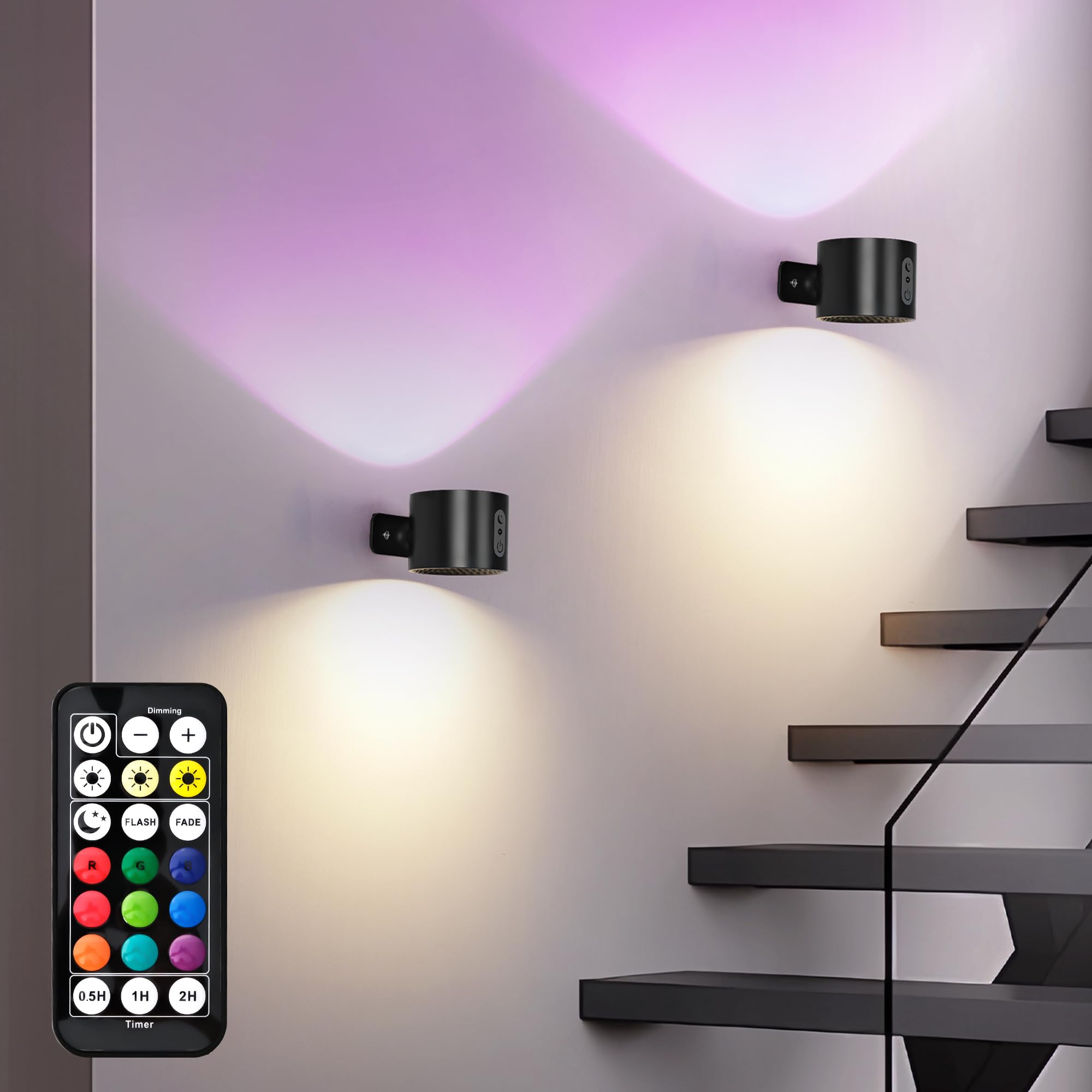 LuminexDesigns Lot de 2 Applique murale LED sans fil RGB avec Télécommande