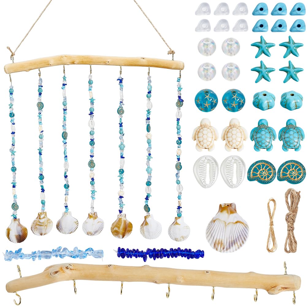 SUNNYCLUE Wind Chime Kit Ocean Wind Chimes Driftwood Decorative Branches Summer Hawaii Shell Seashell Charms Glass Acrylic Gemstone Beads Windchime for Outside Indoor DIY Wall Hanging Ornament Decor