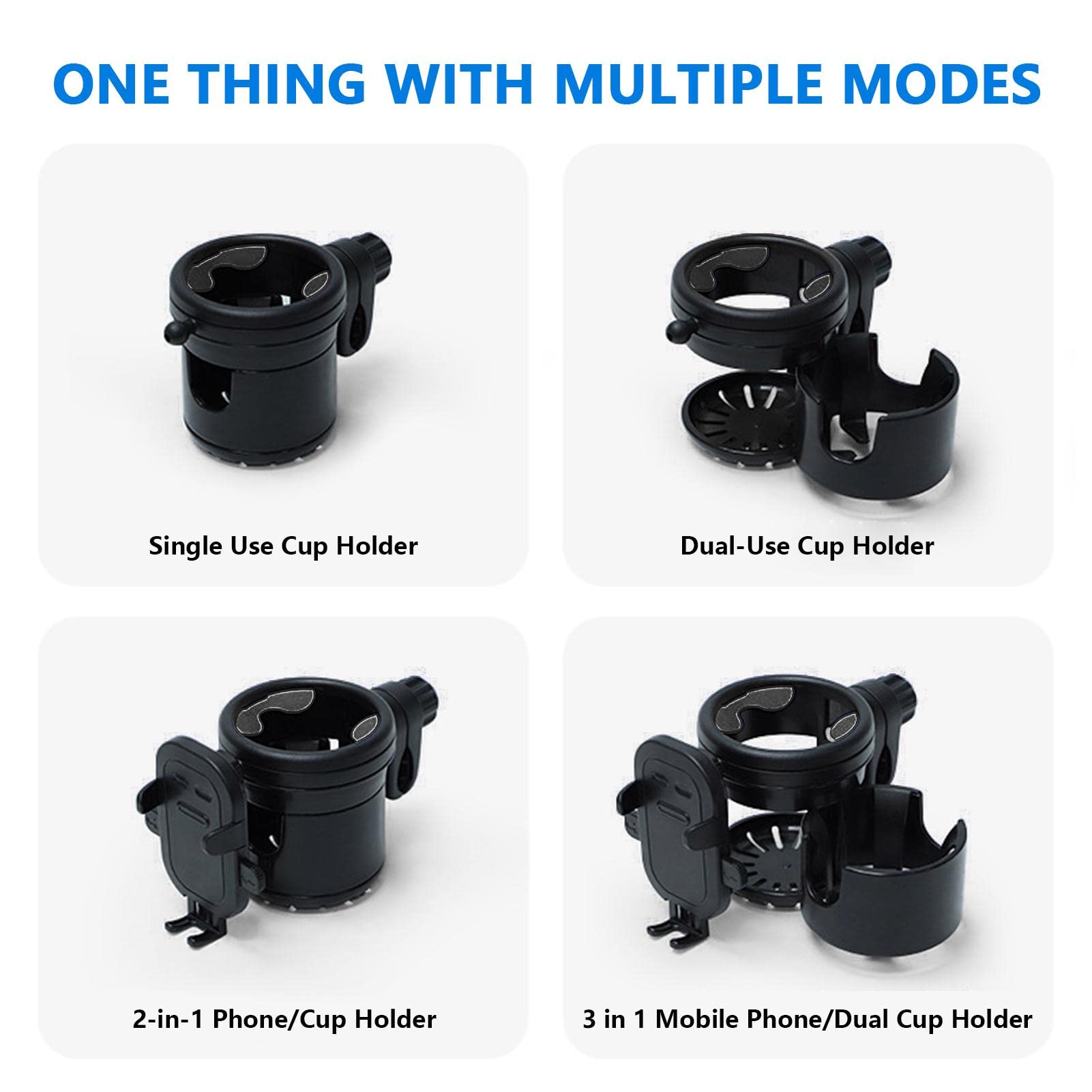 5 Pcs Porte-gobelet pour poussette | 3 EN 1 universel porte-gobelet porte-bouteille de téléphone - Porte-gobelet noir pour poussettes, vélos, fauteuils roulants, déambulateurs, scooters Abbto