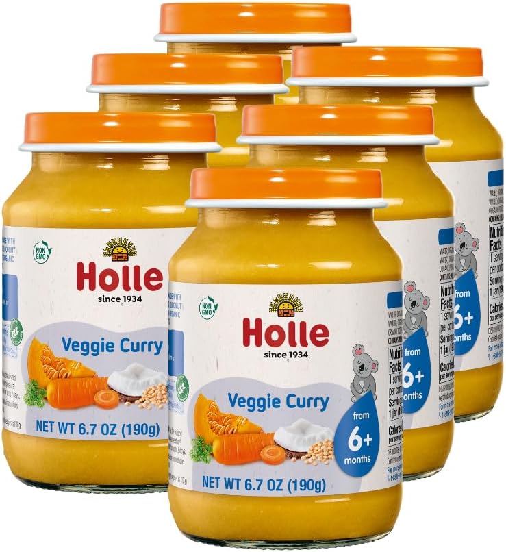 HolleBaby Food Jars - Veggie Curry Baby Puree with Grains & Organic Pumpkin, Carrot, Coconut Milk - (6 Jars) Stage 2 Baby Food for 6 months and Older - Baby Snack or Balanced Meal