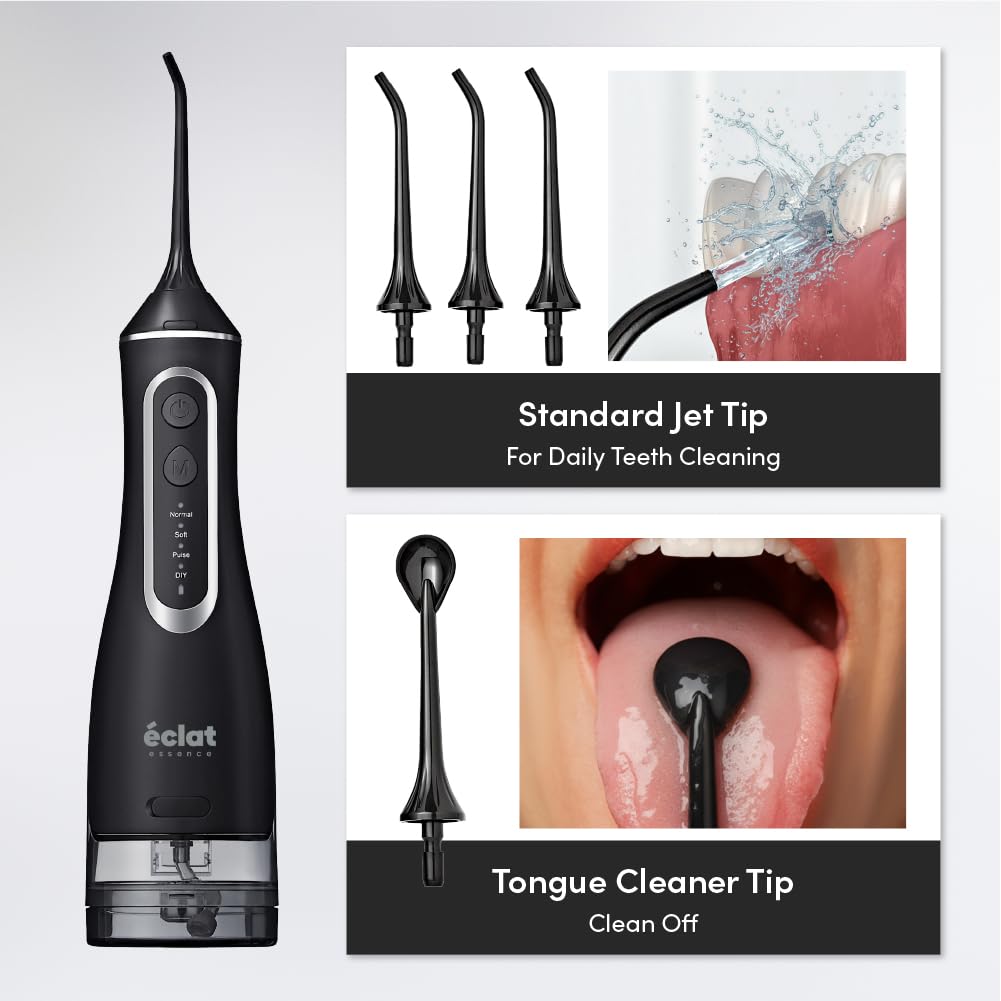 Éclat Irrigador dental eléctrico portátil impermeable para limpieza profunda de dientes, doble tanque de 320 ml, recargable por USB-C, carga de 30 días, 4 accesorios incluidos sin BPA (negro)