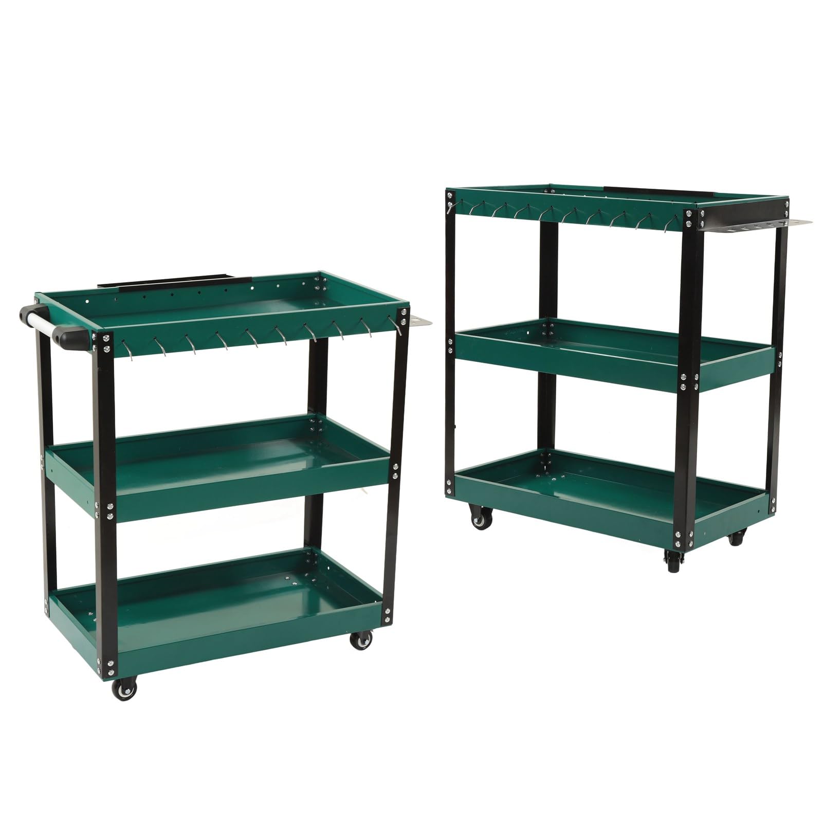 Carro Rodante con Estantes de 3 Capas con Ruedas Bloqueables para Almacenamiento de Herramientas en el Garaje del Hogar, Acero Negro Verde Portátil 28.3x30.9x14.2in
