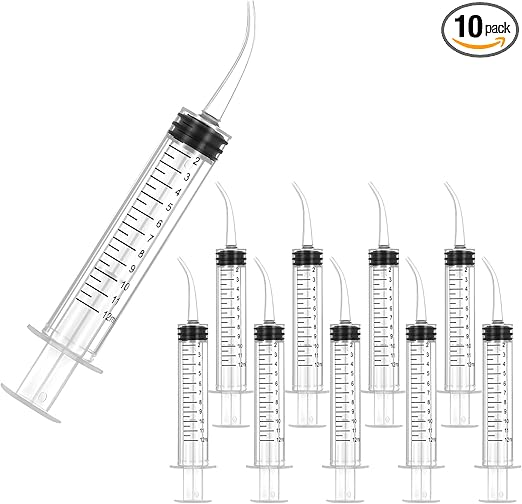 JMU 10 Pcs Dental Irrigation Syringe with Curved Tip 12cc/ml, Curved Wisdom Teeth Syringe Dental with Measurement
