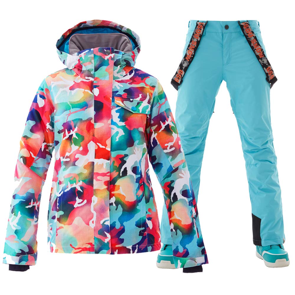 GSOU SNOWWomen's Waterproof Ski Jackets Pants Suit Windproof Insulated Hoodie