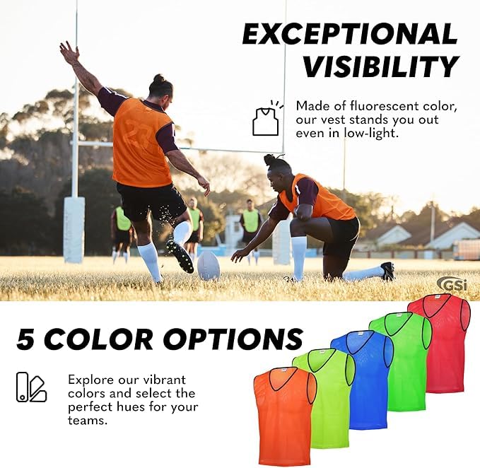 Image of GSi Sports Pinnies - Packs of 6 or 12 - Free Size - Mesh Training Vests for Soccer, Basketball - 6 Color Options