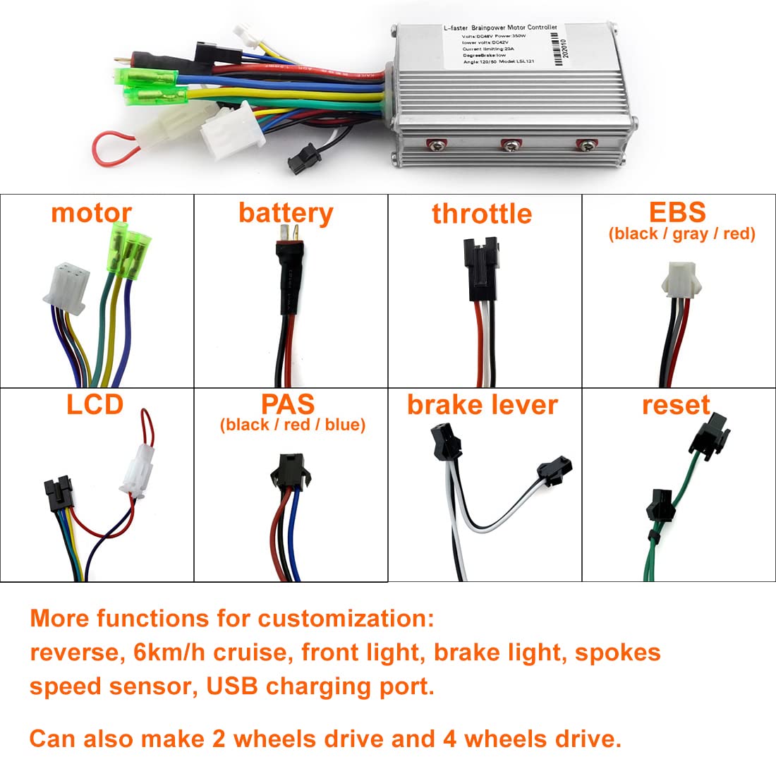 L-faster Controlador sin escobillas para scooter de 36 V 350 W con pantalla LCD y freno regenerativo del acelerador del pulgar para rueda de motor Ebike Hub